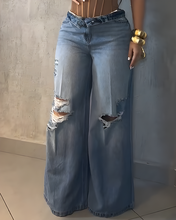 Women's Ripped High-Waisted Wide-Leg Jeans