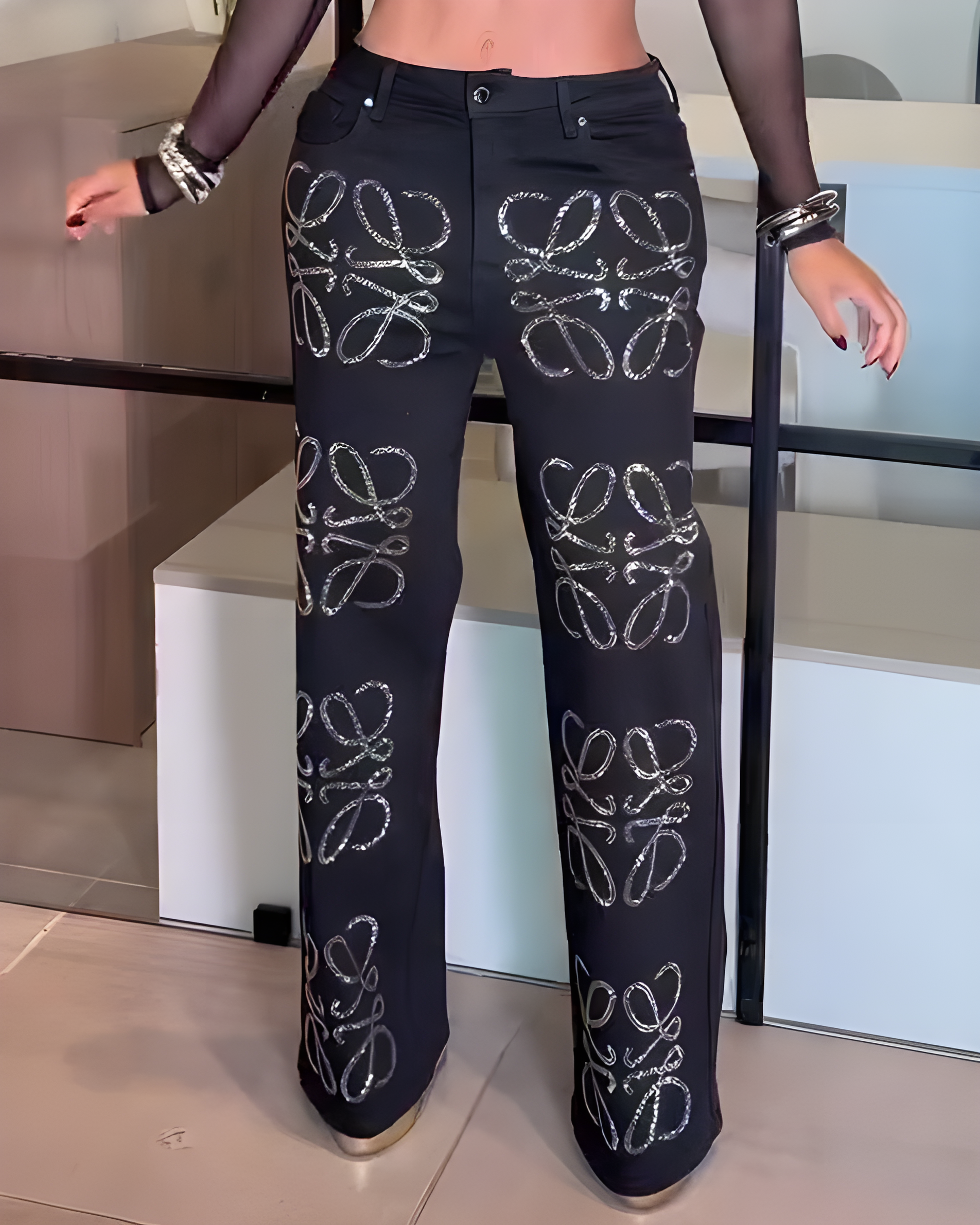 Women's Shiny Straight Leg Jeans Black