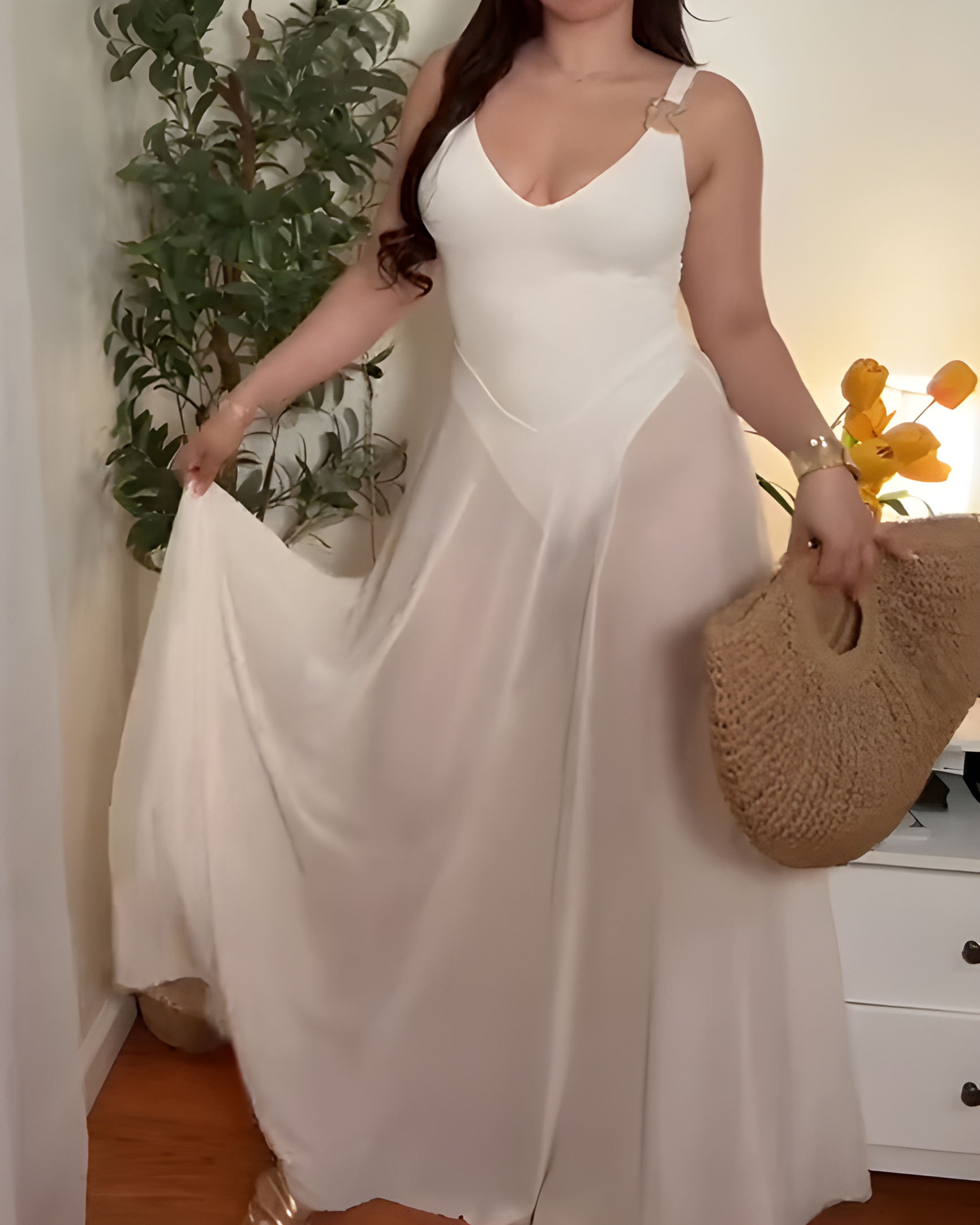 Women's V-Neck Tummy-Control Mesh Slip Maxi Dress