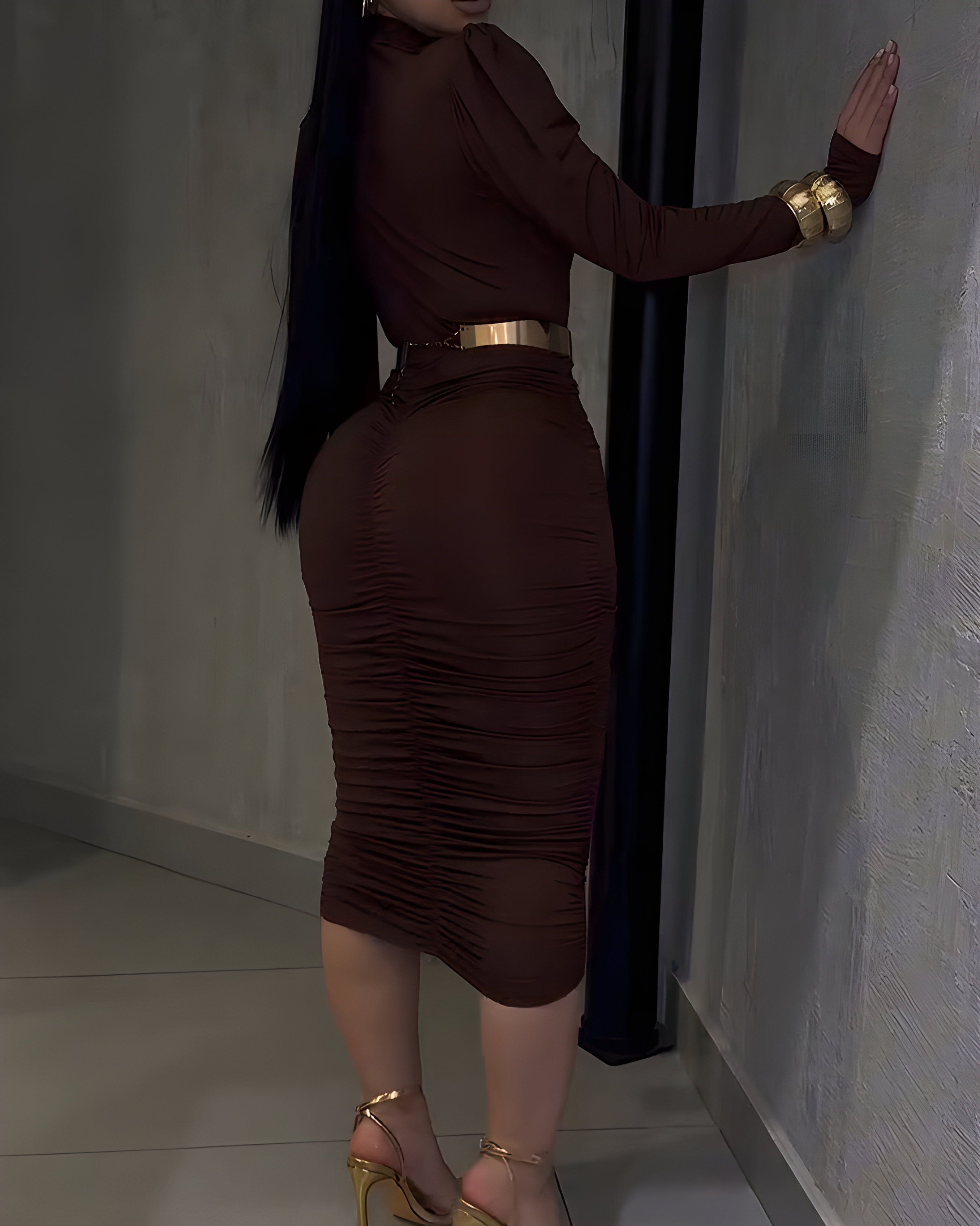 Women's Long-Sleeved V-Neck Ruched Bodycon Dress