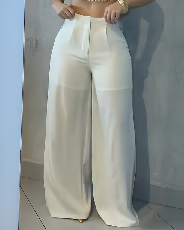Women's Metal Chain Trim Wide-Leg Casual Pants White