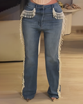 Women's Beaded Tassel Trim Straight Leg Jeans Lightblue