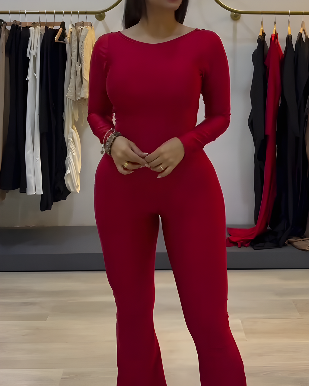 Long-Sleeved Bodycon Flare Jumpsuit Red