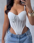 Sexy Sheer Mesh Suspender Corset Top White