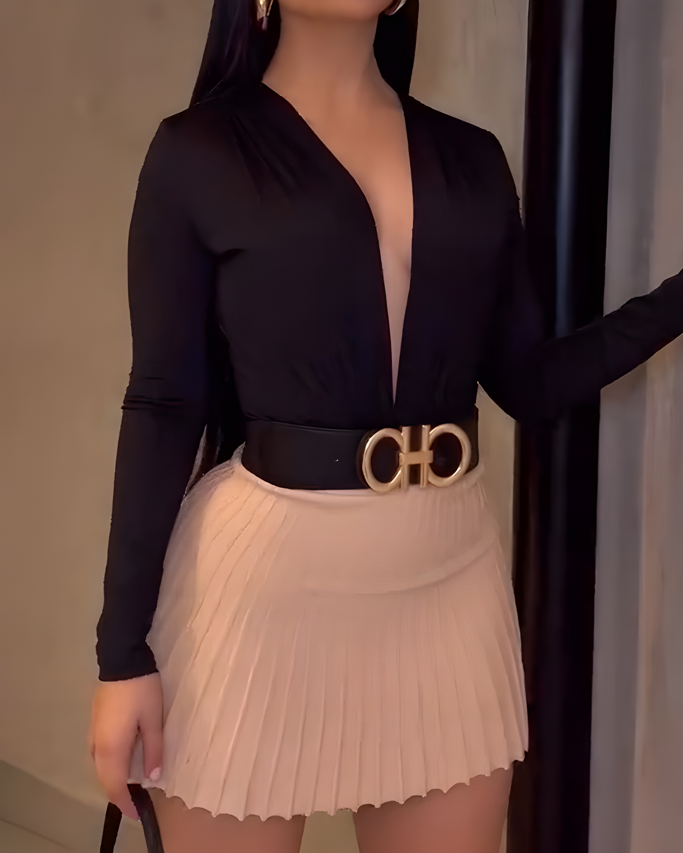 Women's Fashion Long-Sleeved Bodysuit Skirt 2-Piece Set Black