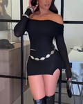 Women's Off-Shoulder Long-Sleeved Slim Fit 2-Piece Set Black