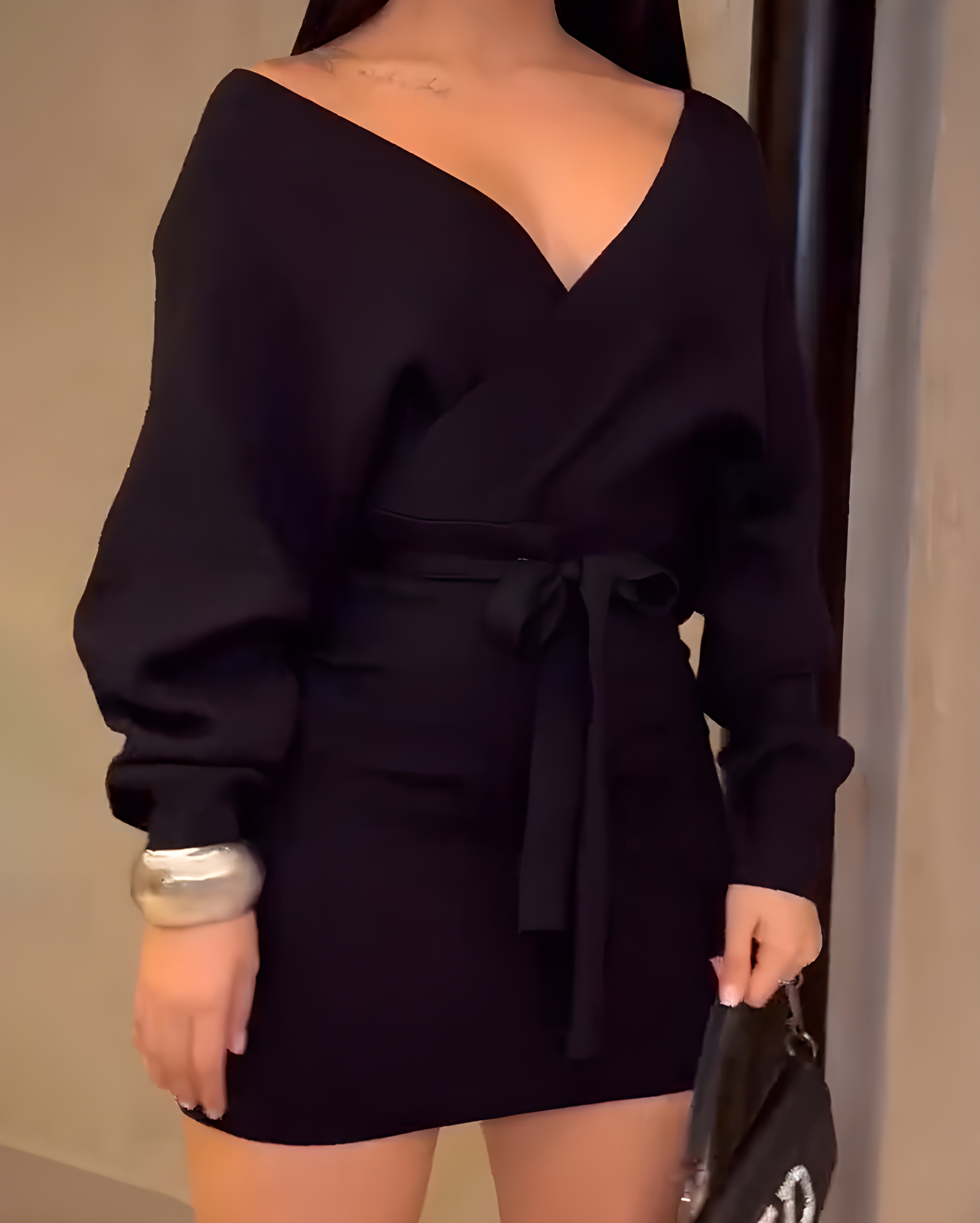 Sexy V-Neck Tie-Up Long-Sleeved Dress