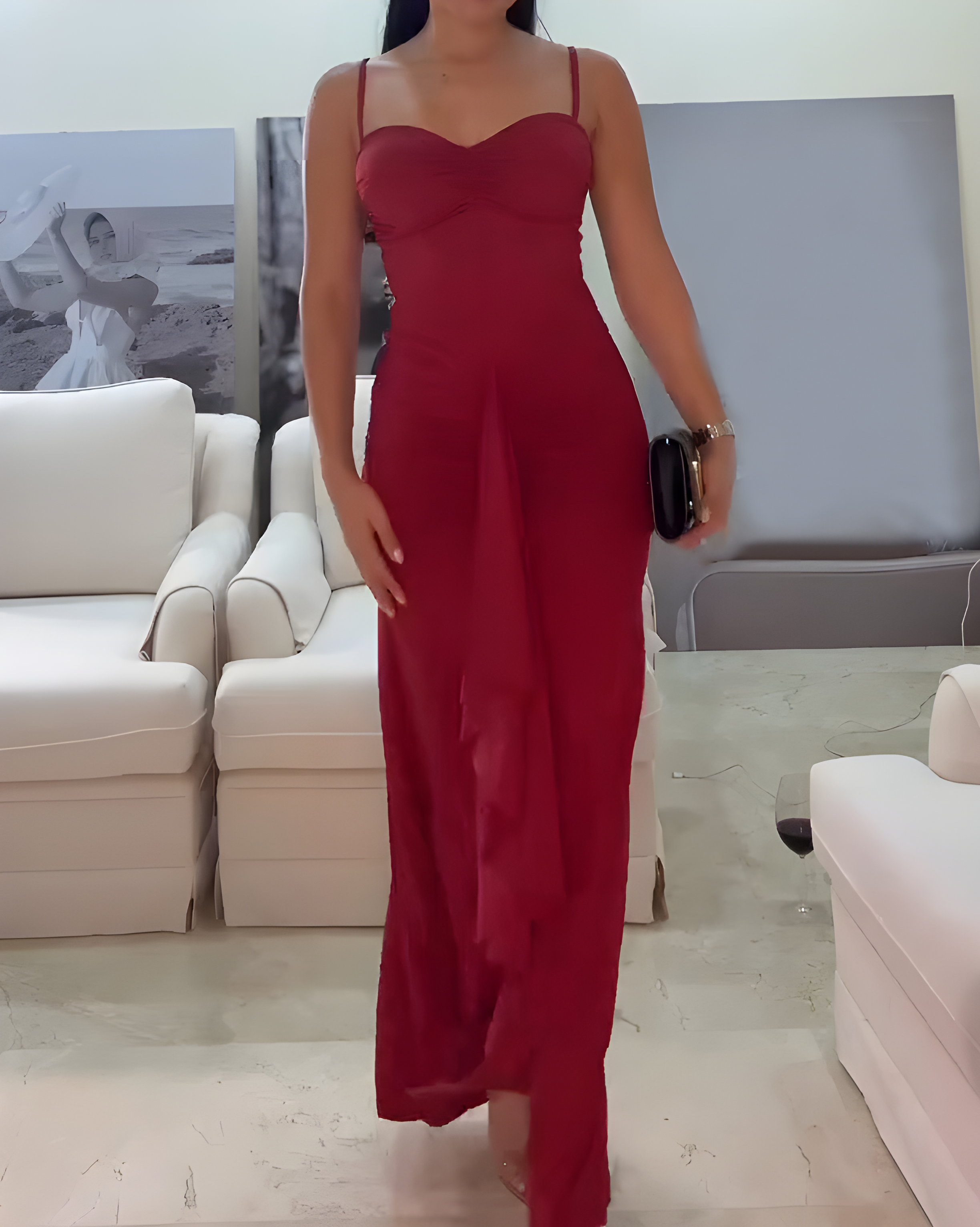 Mesh Slim Fit Slip Long Dress Red