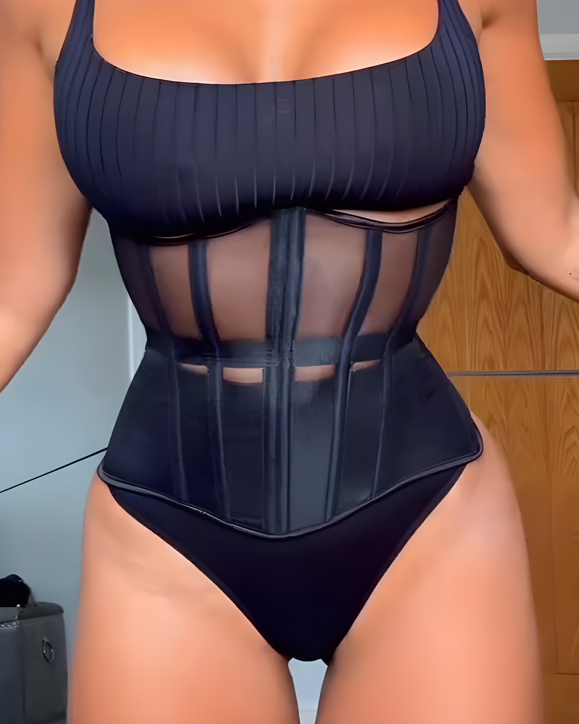 Sheer Mesh Steel Boned Waist Trainer Black