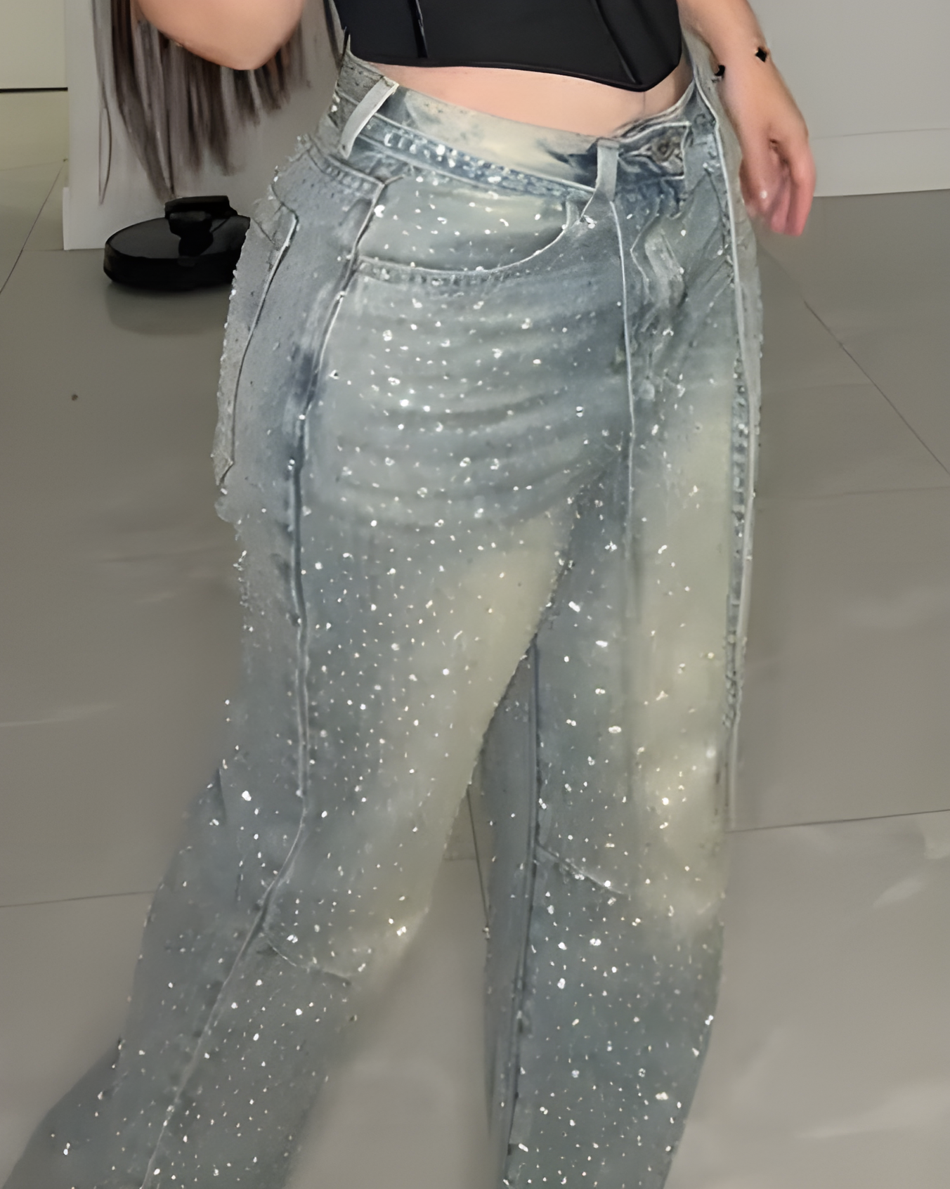 Fashion Rhinestone Straight Leg Jeans