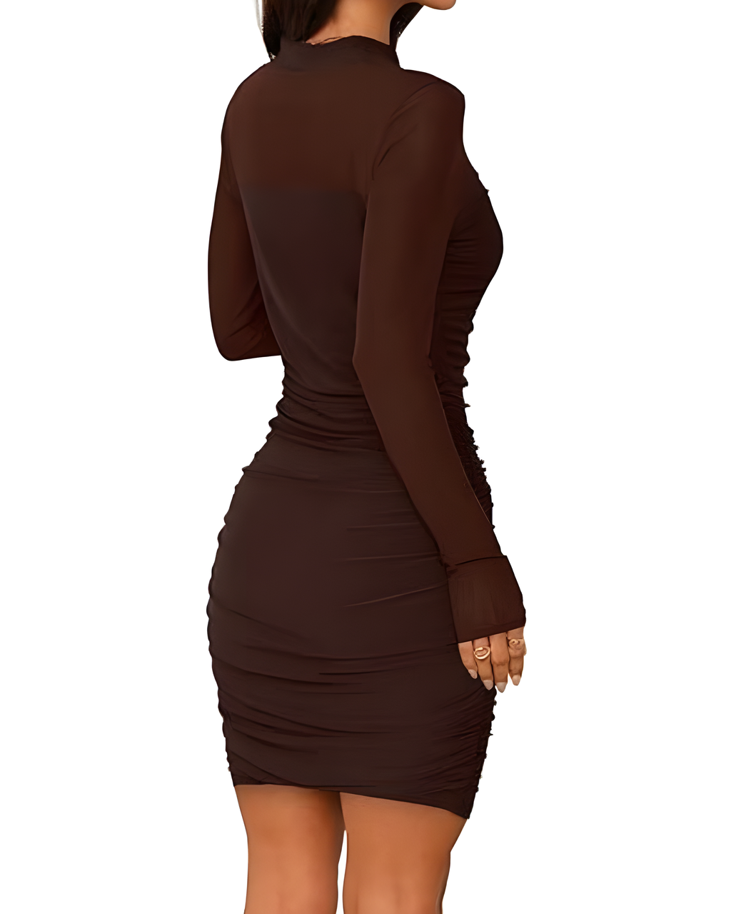 Sheer Mesh Long Sleeve Ruched Bodycon Dress