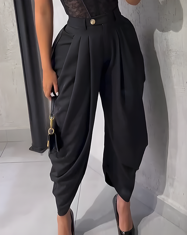 High Waist Loose Ruched Irregular Casual Pants Black