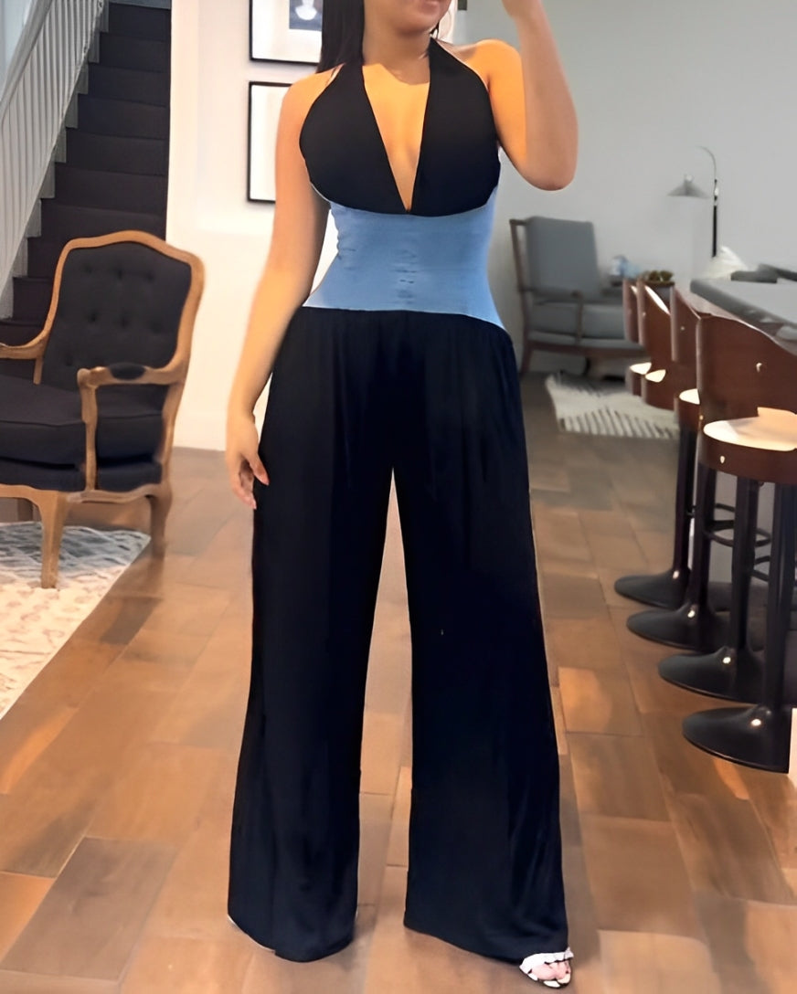 Women's Fashion Halter Neck Waist Wide Leg Jumpsuit Black