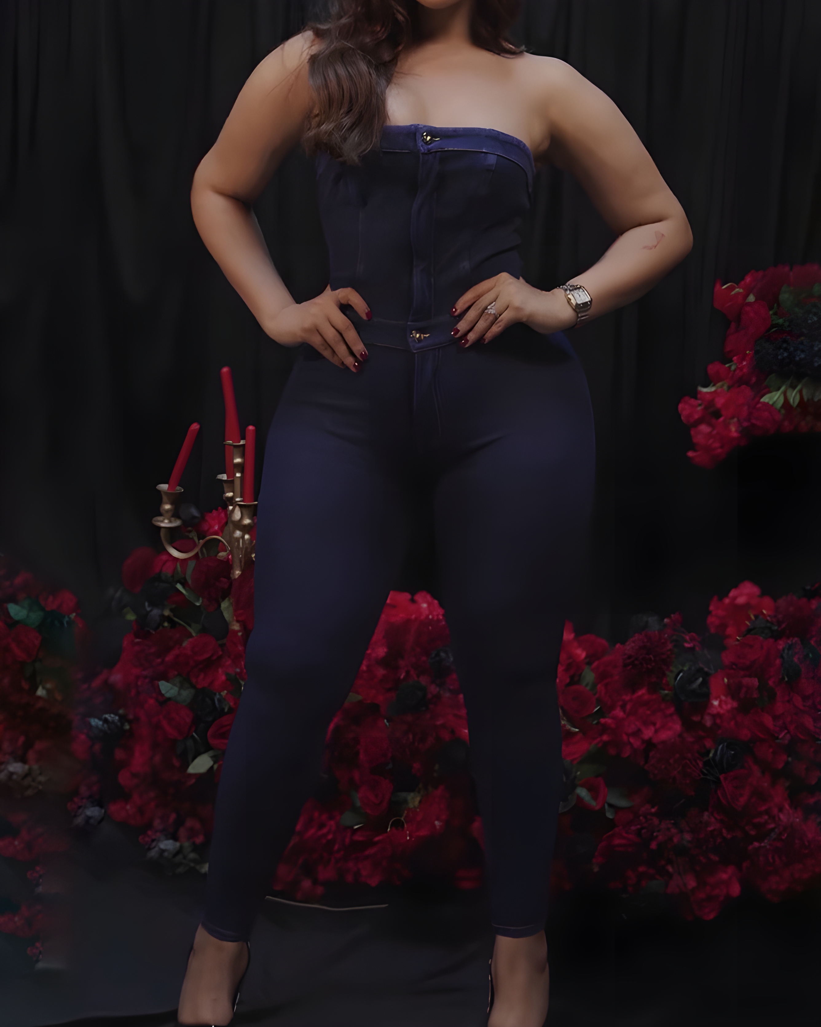 Slim Fit Bandeau Sleeveless Denim Bodycon Jumpsuit Navy