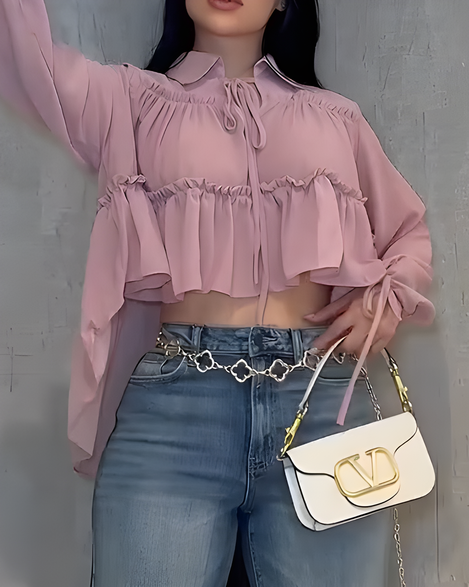 Women's Chiffon Ruffle Long Sleeve Shirt Pink
