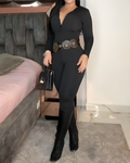Women's Tummy-Control Long-Sleeved Bodycon Jumpsuit Black