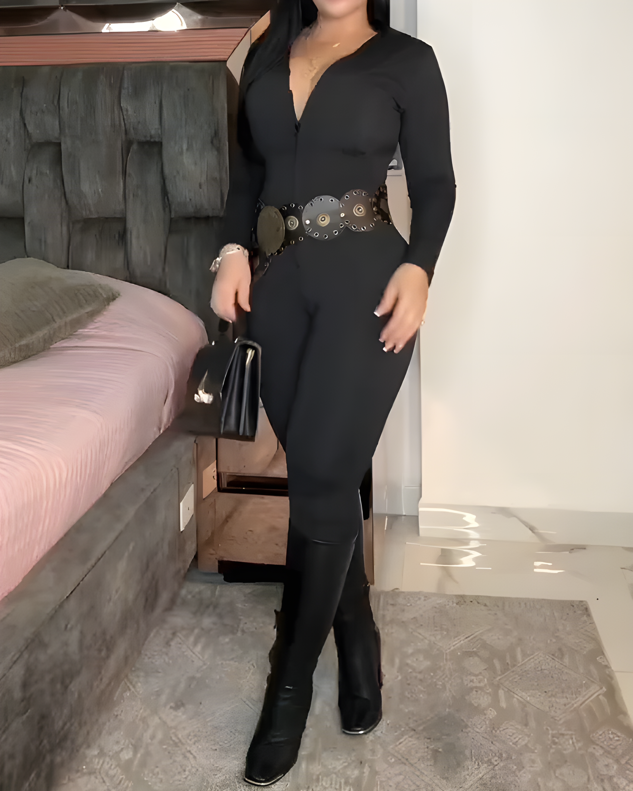 Women's Tummy-Control Long-Sleeved Bodycon Jumpsuit Black