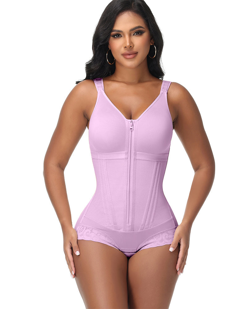 Double-Layer PowerMesh Hourglass Tummy Sculpt Zipper Bodysuit With Bra