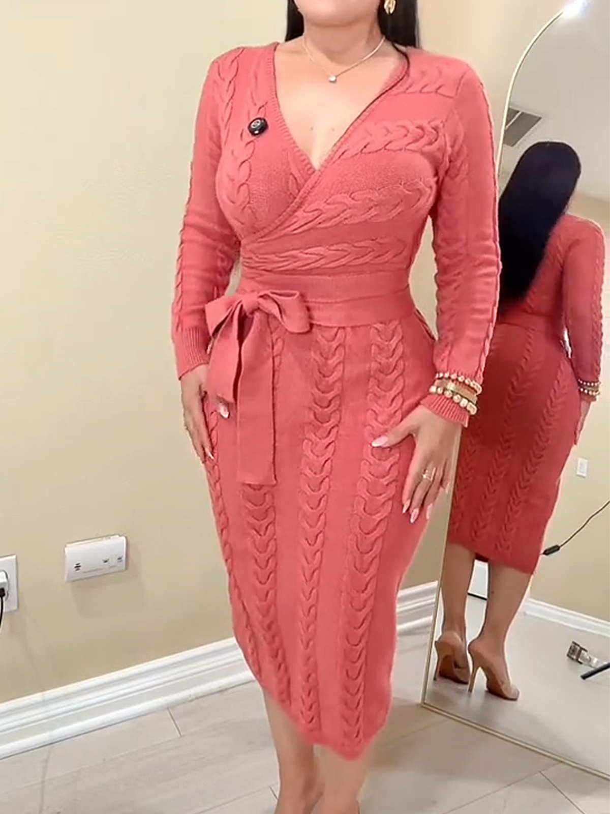 Deep V Textured Long-Sleeve Midi Knit Dress LightCoral