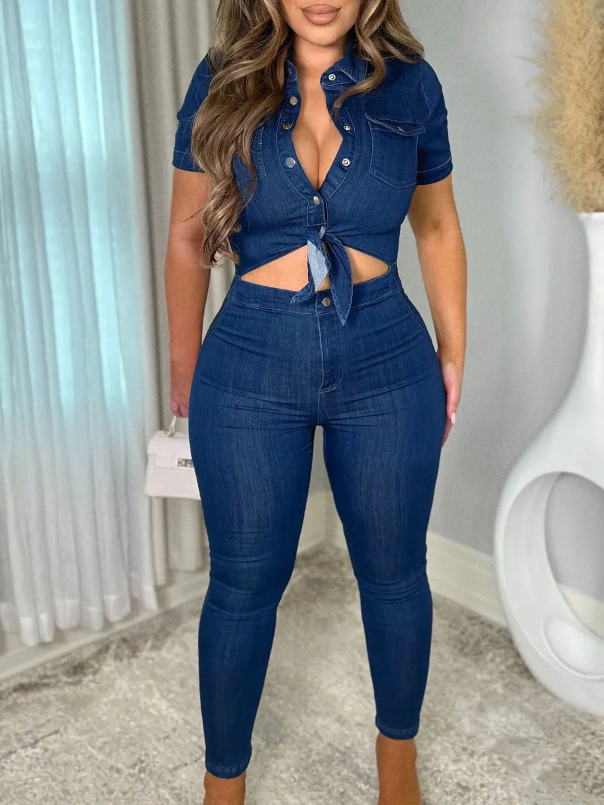Women Skinny One Piece Romper Denim Jumpsuit Navy