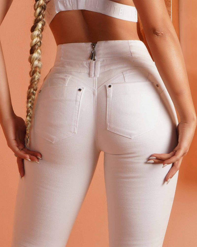 High-Waisted Back-Zip Fashion Skinny Jeans White