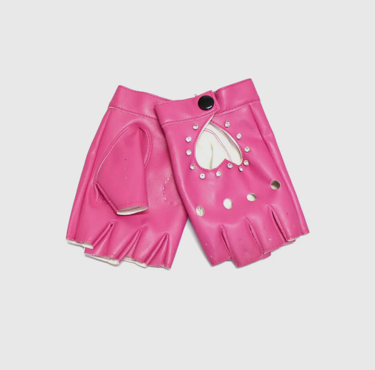 Pink Fingerless Baddie Leather Gloves with Studs Pink