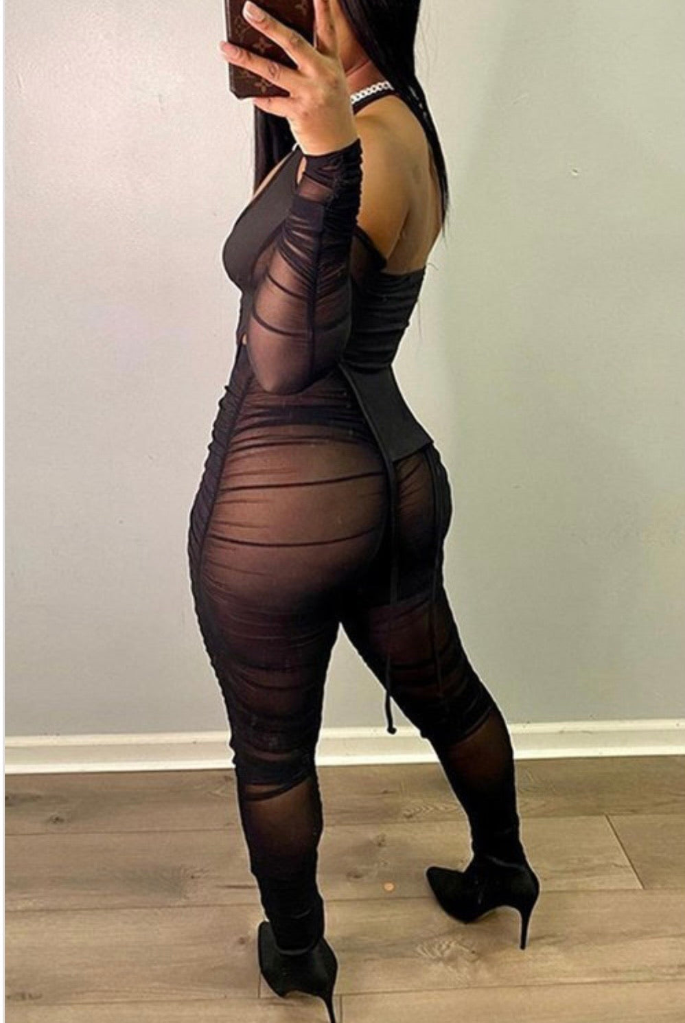 See Through Bad Ruched Mesh Two-Piece Set