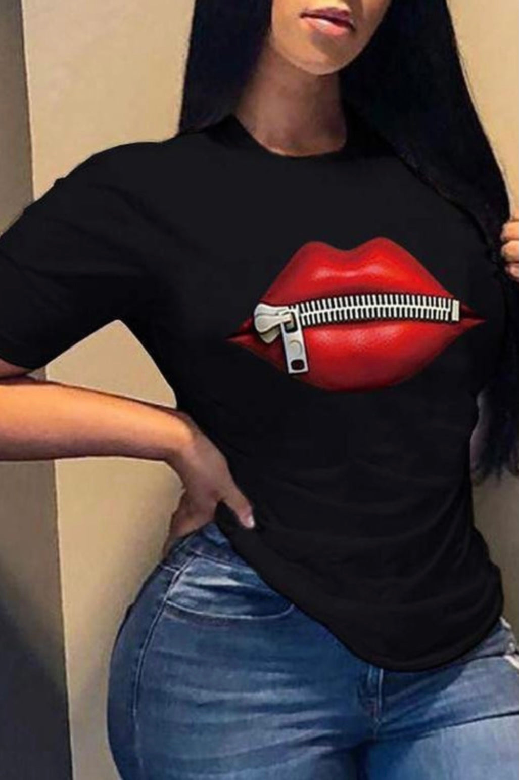 Lips Zipped Baddie Shirt Black