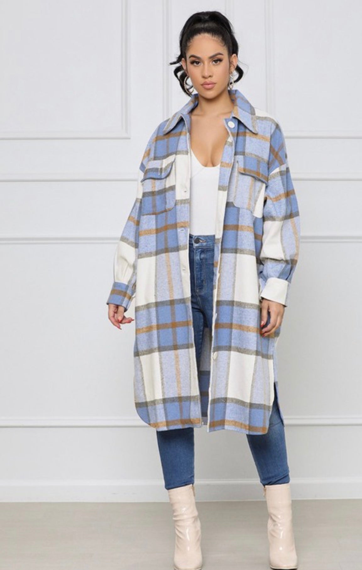Betsy Baddie Flannel Shacket Blue