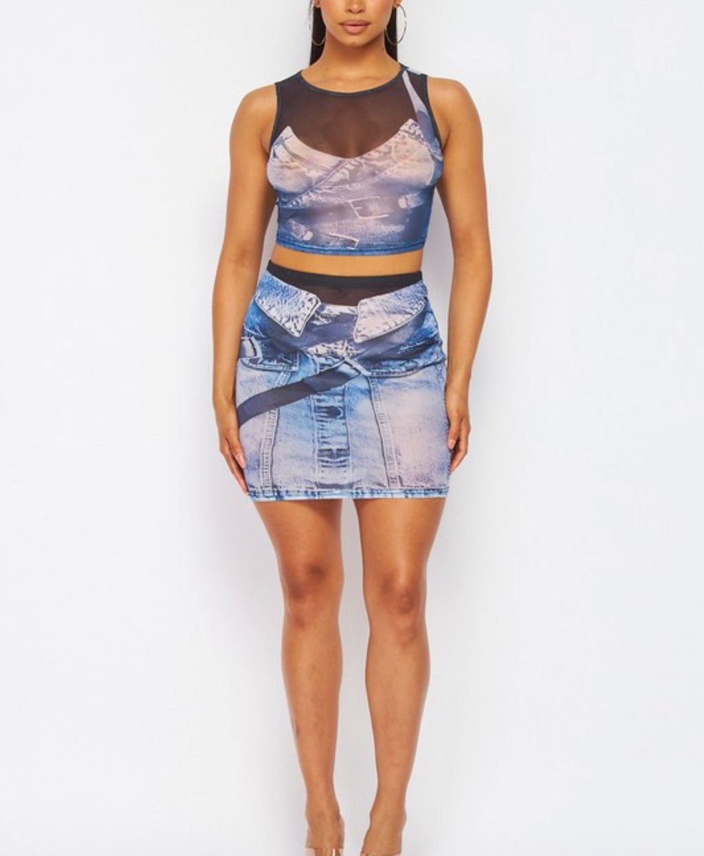 Denim Mesh Baddie Skirt Set Blue