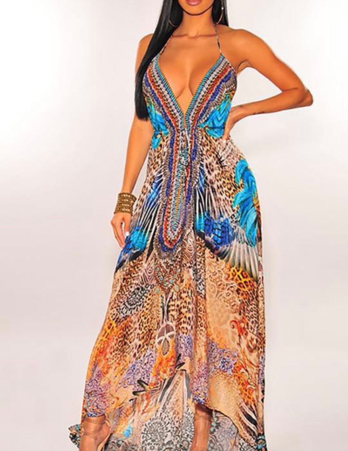 Goddess V Neck Sleeveless Bandana Satin Chiffon Gown Large