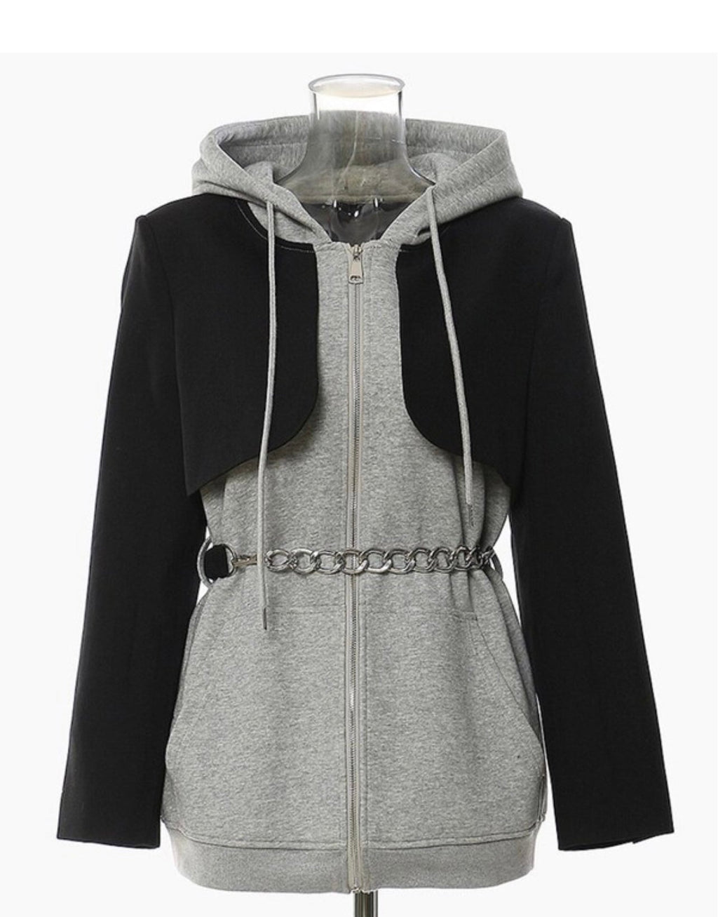 Madonna Baddie Hooded Blazer Jacket Gray Black M