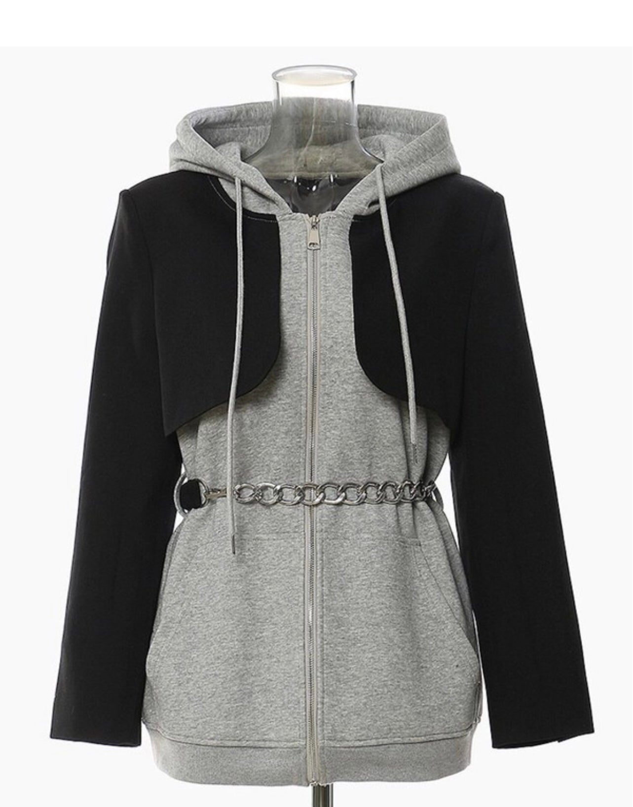 Madonna Baddie Hooded Blazer Jacket Gray Black M
