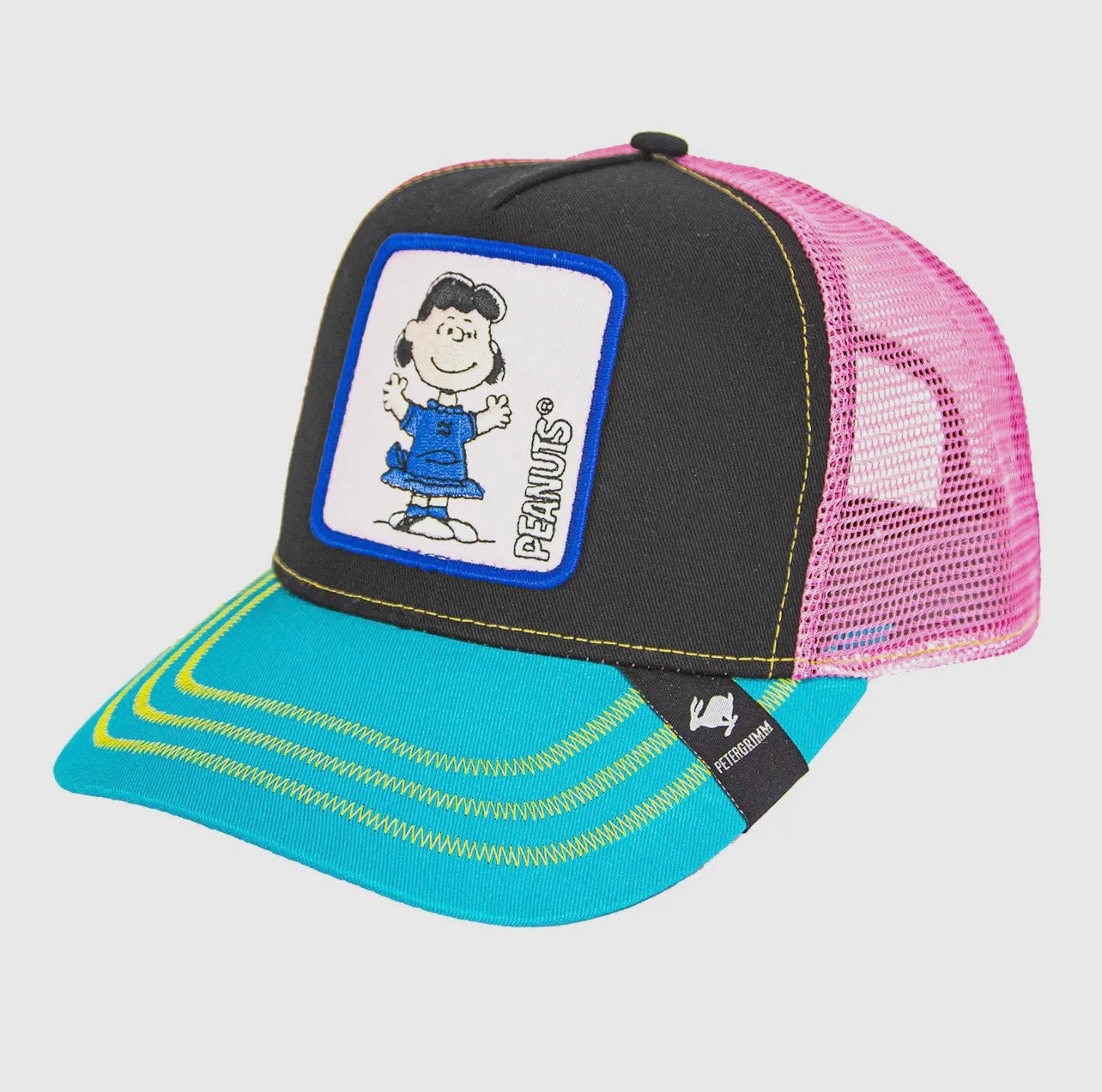 Lucy Peanuts Baddie Trucker Hat Pink Turquoise