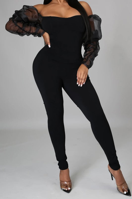 Bossy Puff Sleeve off Shoulder Jumpsuit Black