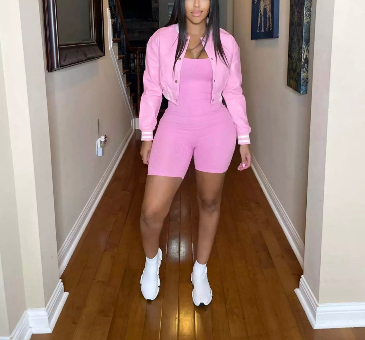 Baddie PInk PU Bomber Jacket Pink