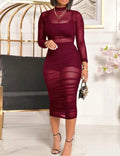 Wine Sheer Mesh Ruch Baddie Crop Top Shorts Midi Dress Wine Small