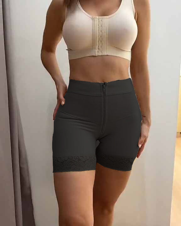 Internal Hooks Firm Compression Zipper Butt Lift Peahcy Short Black