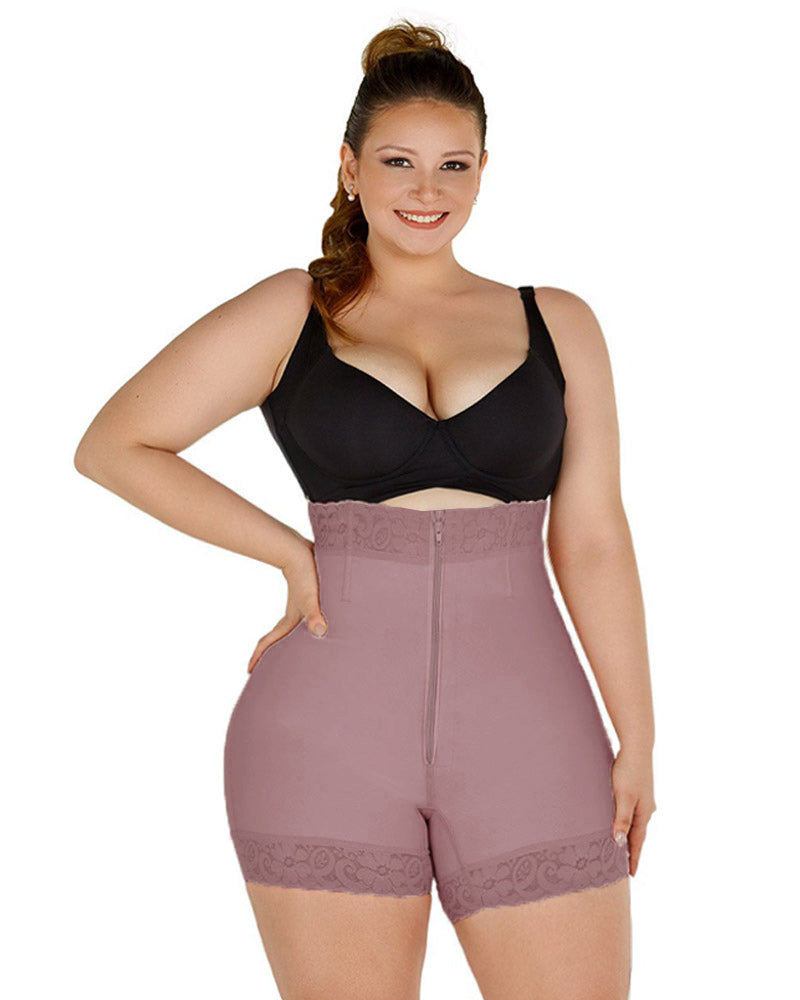 Women High Waist Front Zipper Booty Shaper Colombian Shapewear Short RosyBrown