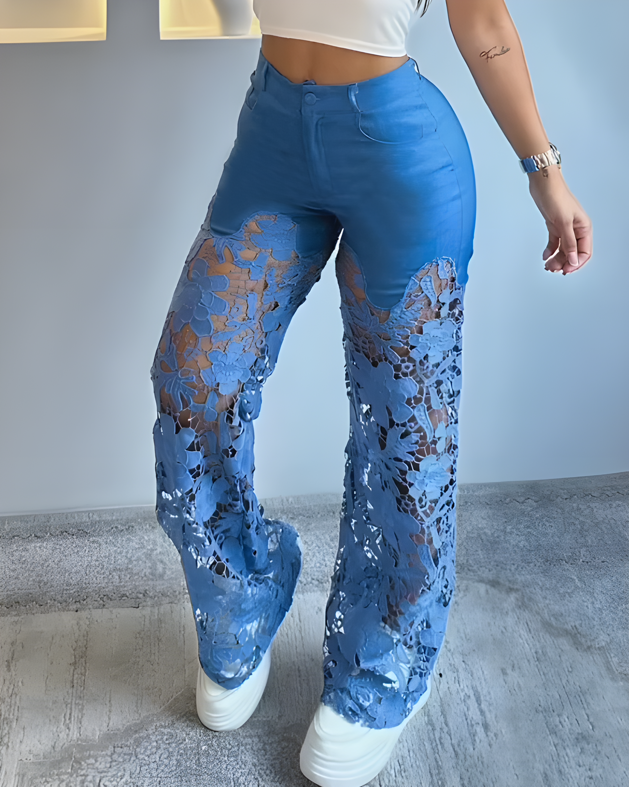 Women's Lace Cutout Wide Leg Jeans