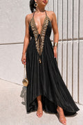Black Gold Rhinestone Drawstring Halter Maxi Dress