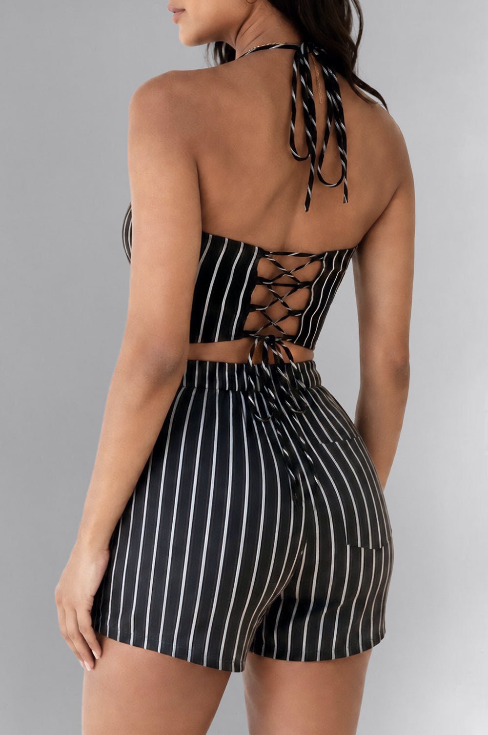 Black Striped Halter Two Piece Shorts Set