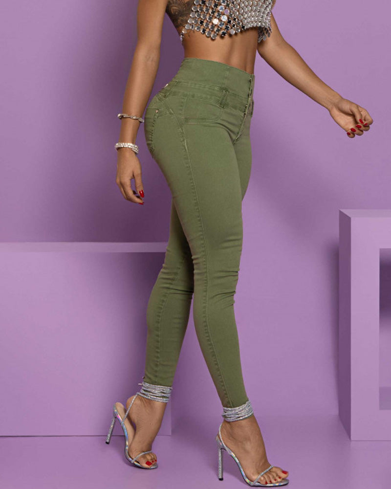 High-Waisted Back-Zip Fashion Skinny Jeans Olive