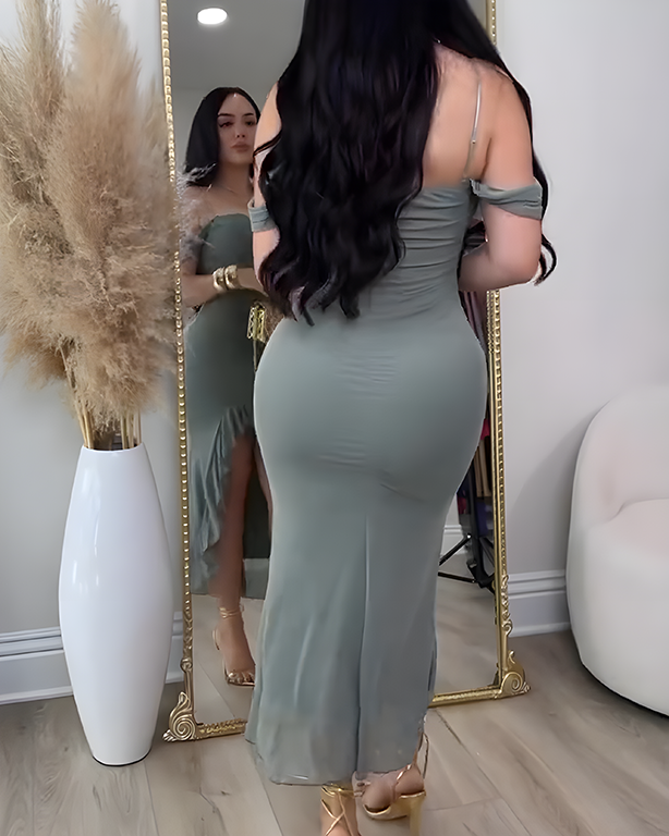 Off-the-Shoulder Mesh Ruffled Slit Slim Dress