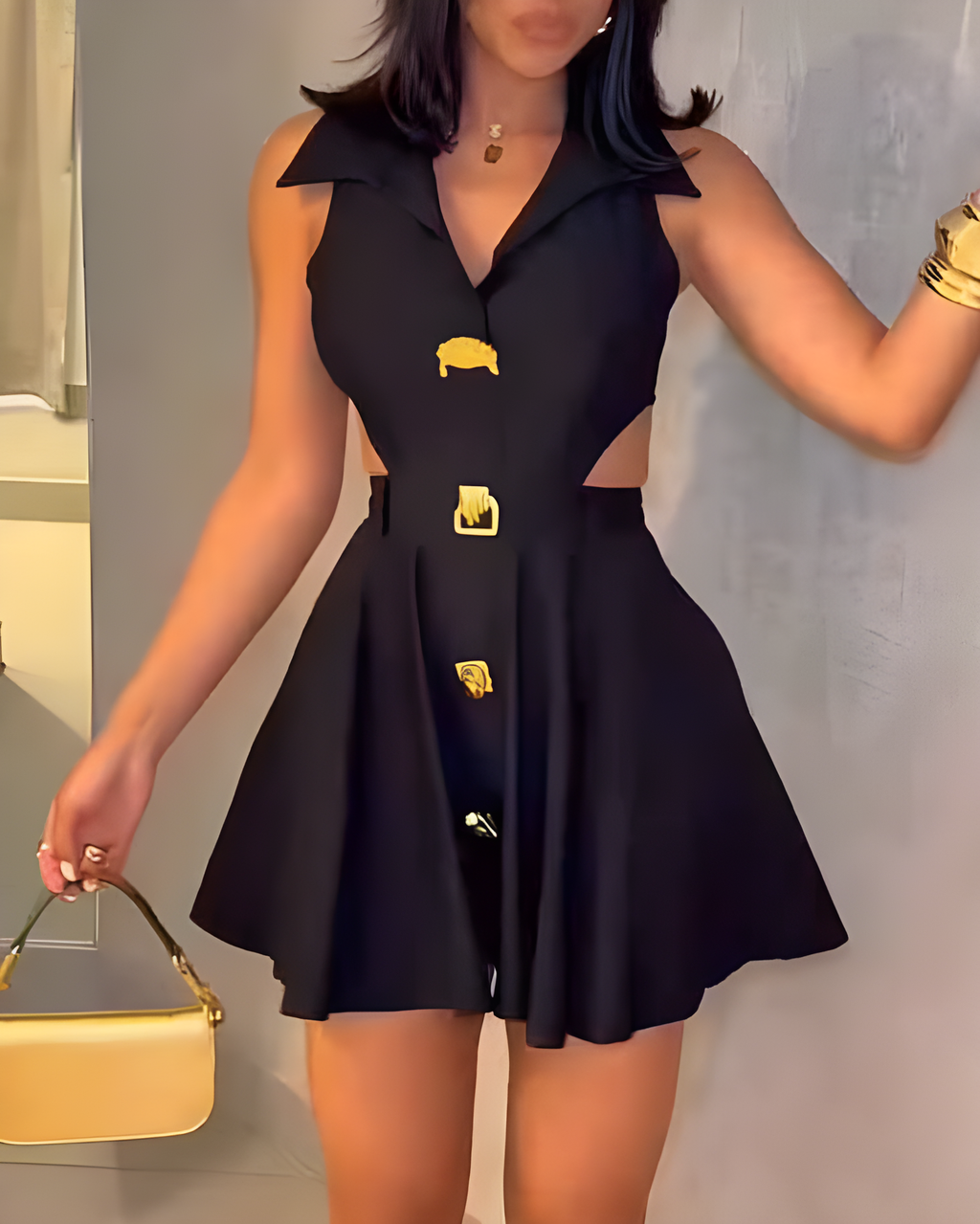 Fashionable Lapel Slimming Cutout Dress Black