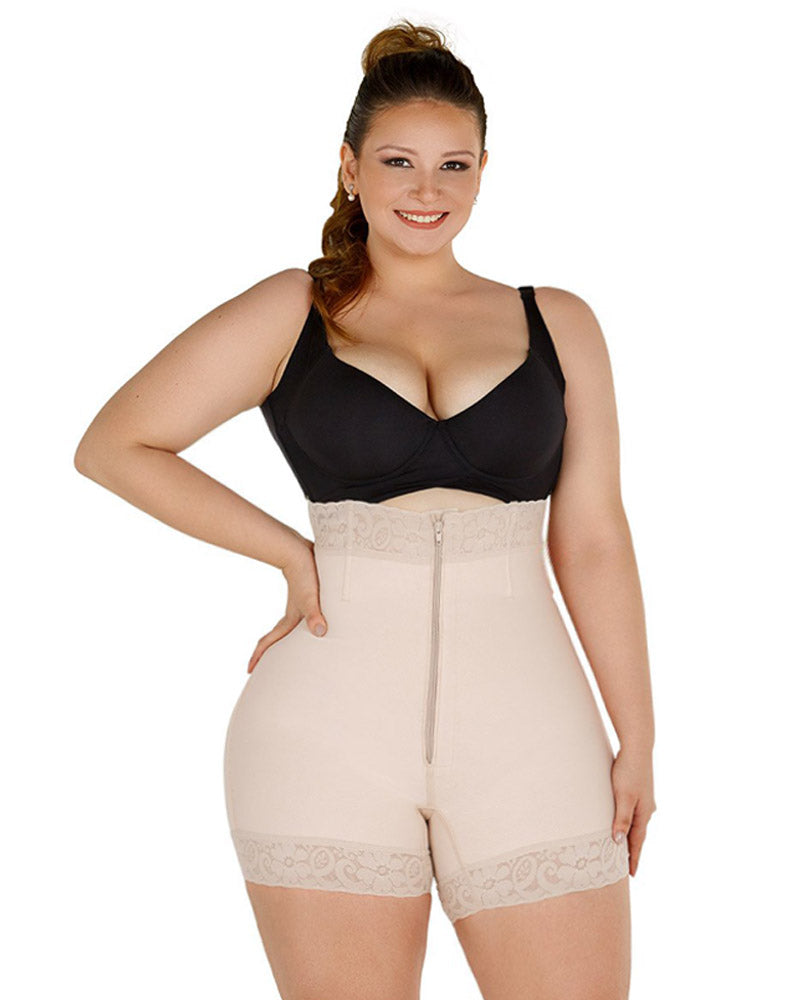 Women High Waist Front Zipper Booty Shaper Colombian Shapewear Short Beige