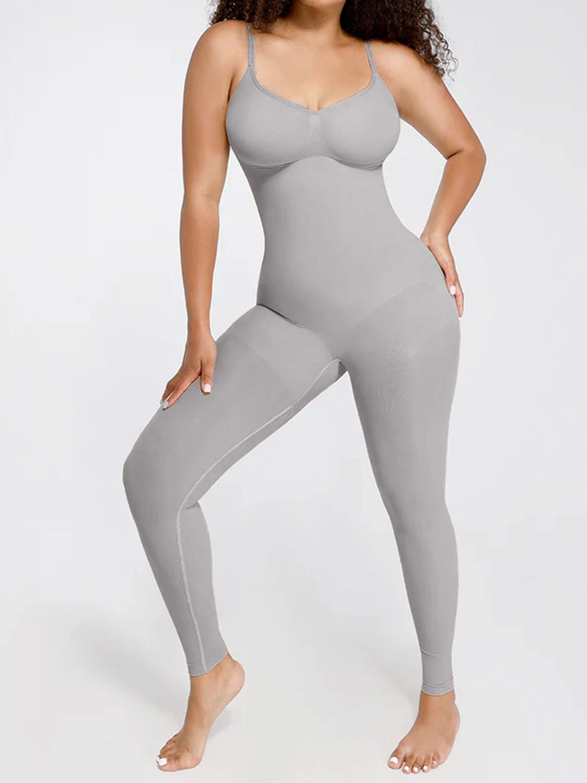 Seamless Waist-Breast Support Mid Thigh Body Shaper LightGray
