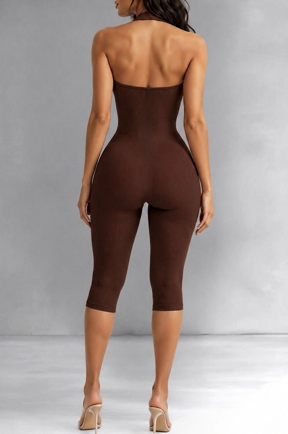 Chocolate Halter Ribbed Capri Romper