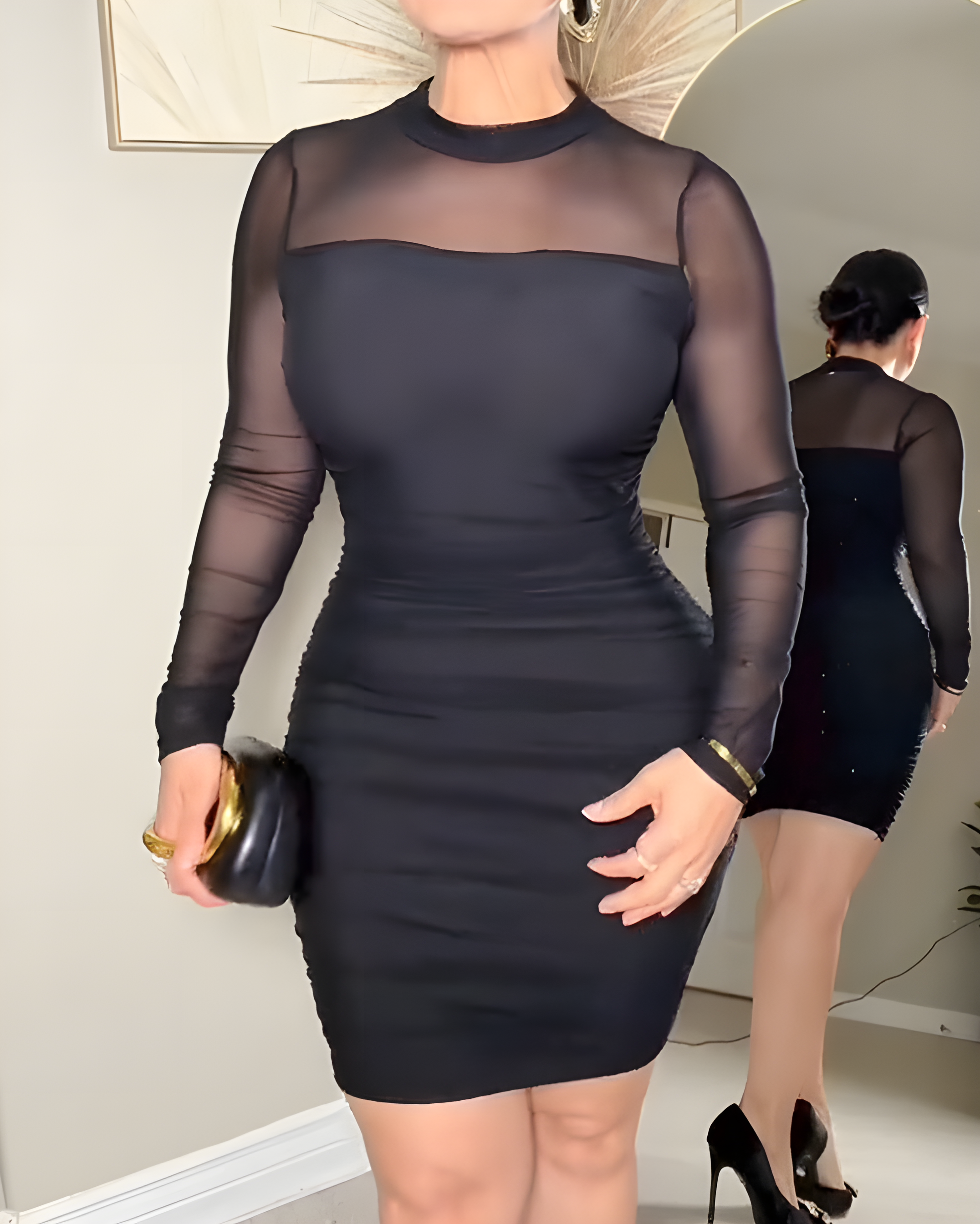 Sheer Mesh Long Sleeve Ruched Bodycon Dress