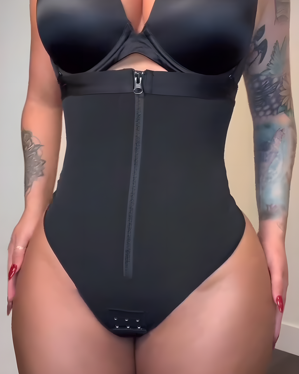 Front Zipper Thong Body Shaper with Straps